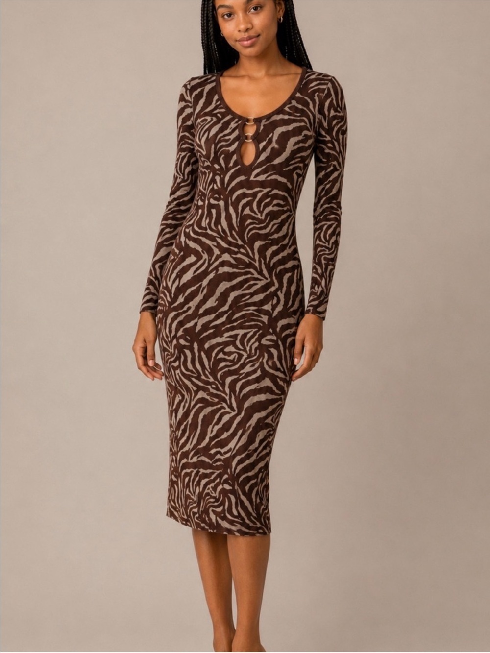 Camila Coelho Zebra Print Bailee Midi Sweater Dress Brown Keyhole Bodycon NWT